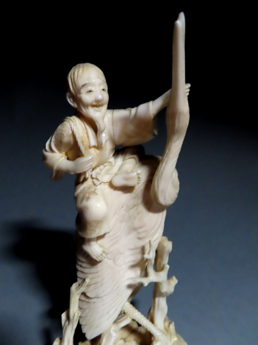 -ivory Okimono. Immortal On The Back Of A Crane. Signed Gyokuichi. Japan, Meiji Period.-photo-2