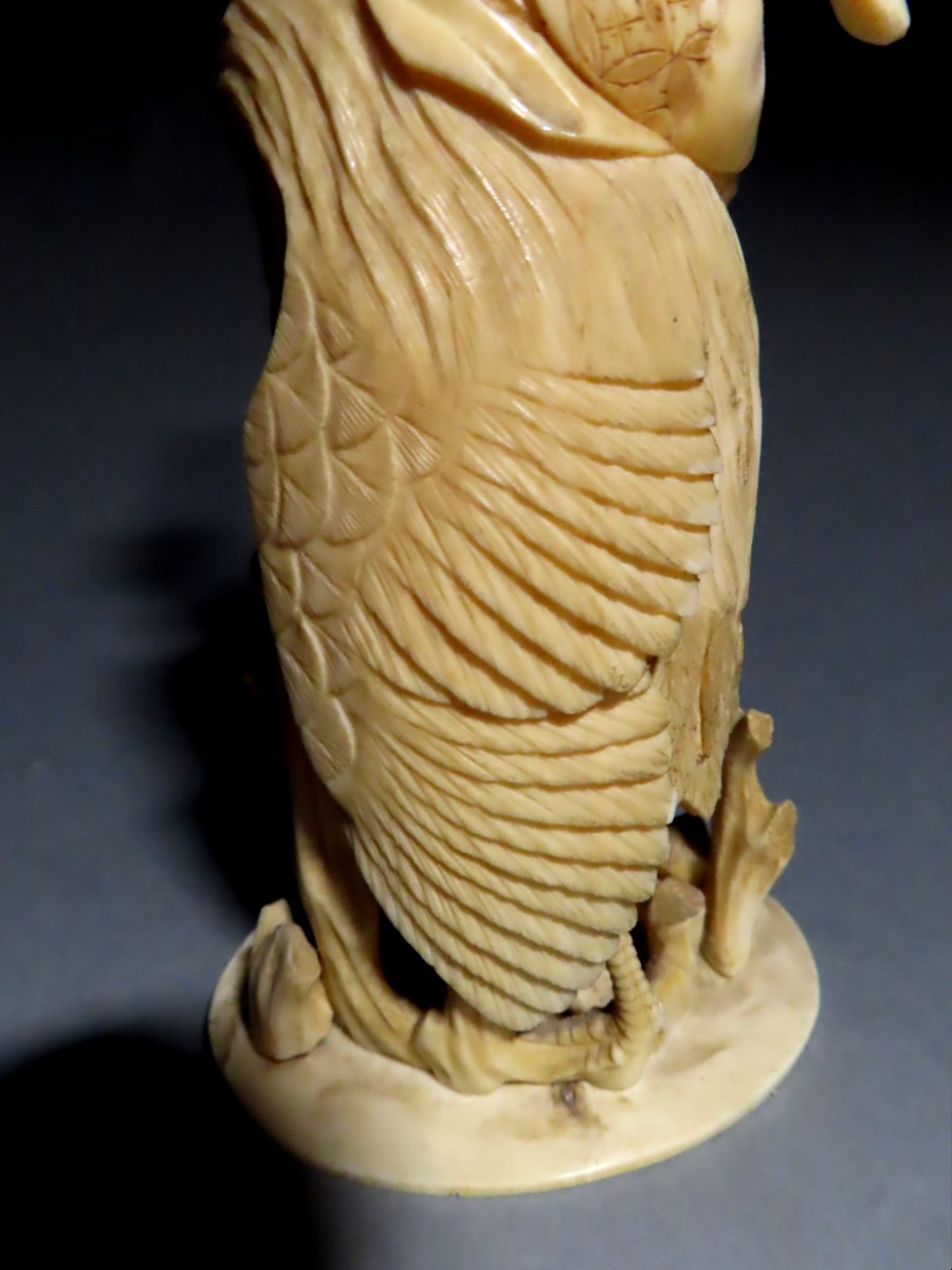 -ivory Okimono. Immortal On The Back Of A Crane. Signed Gyokuichi. Japan, Meiji Period.-photo-4