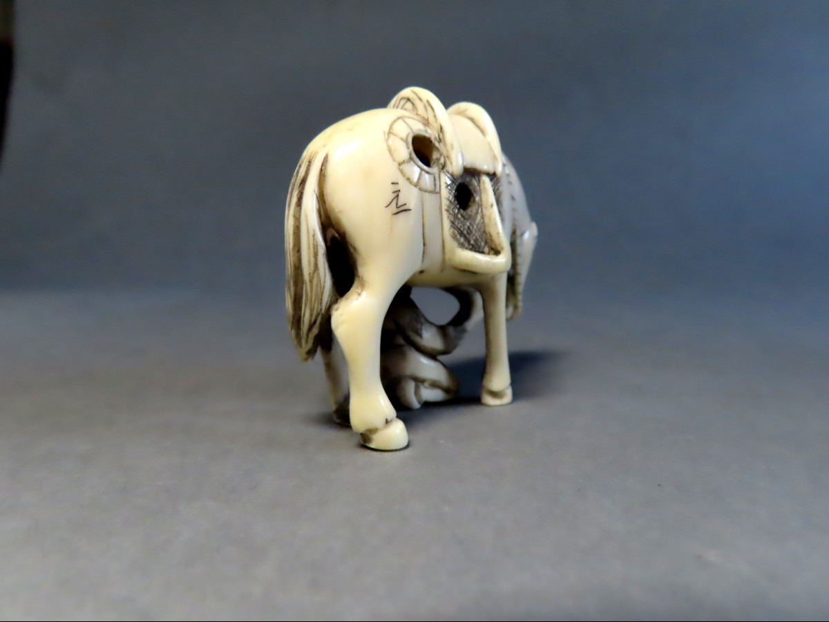 Netsuke en ivoire.  Cavalier curant un sabot. Japon époque Meiji (1868-1912 )-photo-3