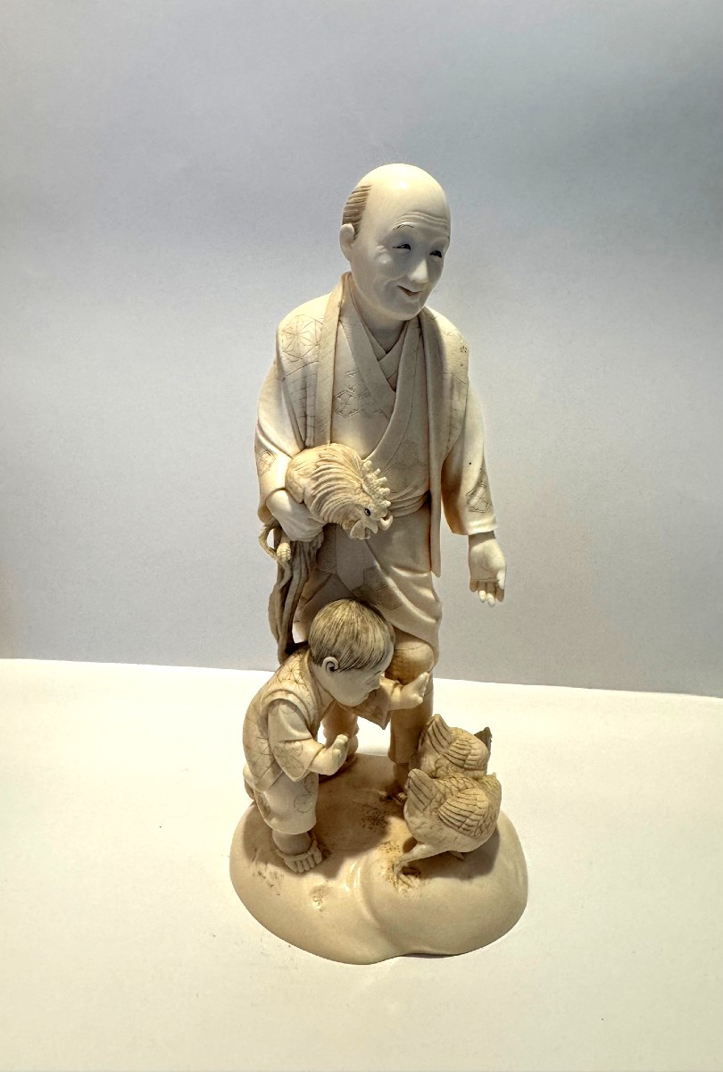 Ivory Okimono. The Farmer And His Chickens. Japan, Meiji Period (1868-1912)