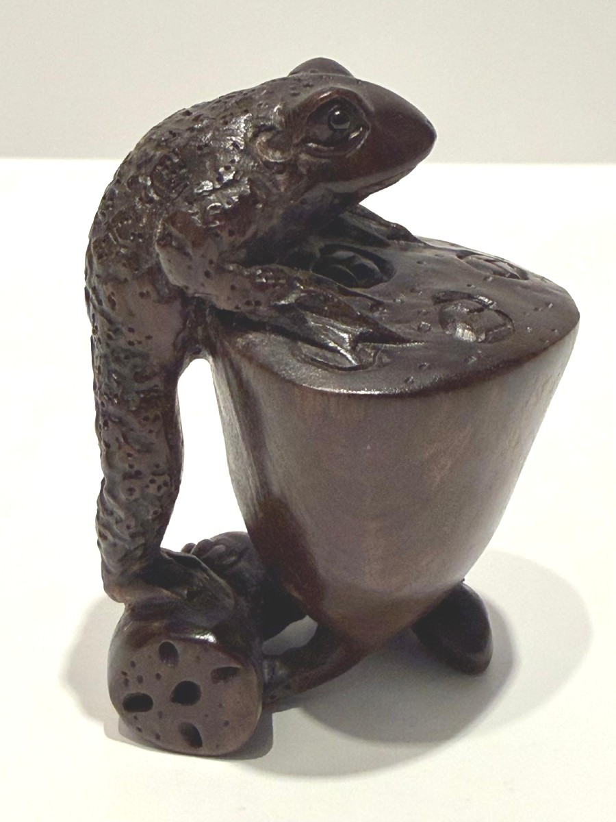 Zitan Wood Netsuke.   Frog With Lotus Bud. Japan Meiji Period (1868-1912 )
