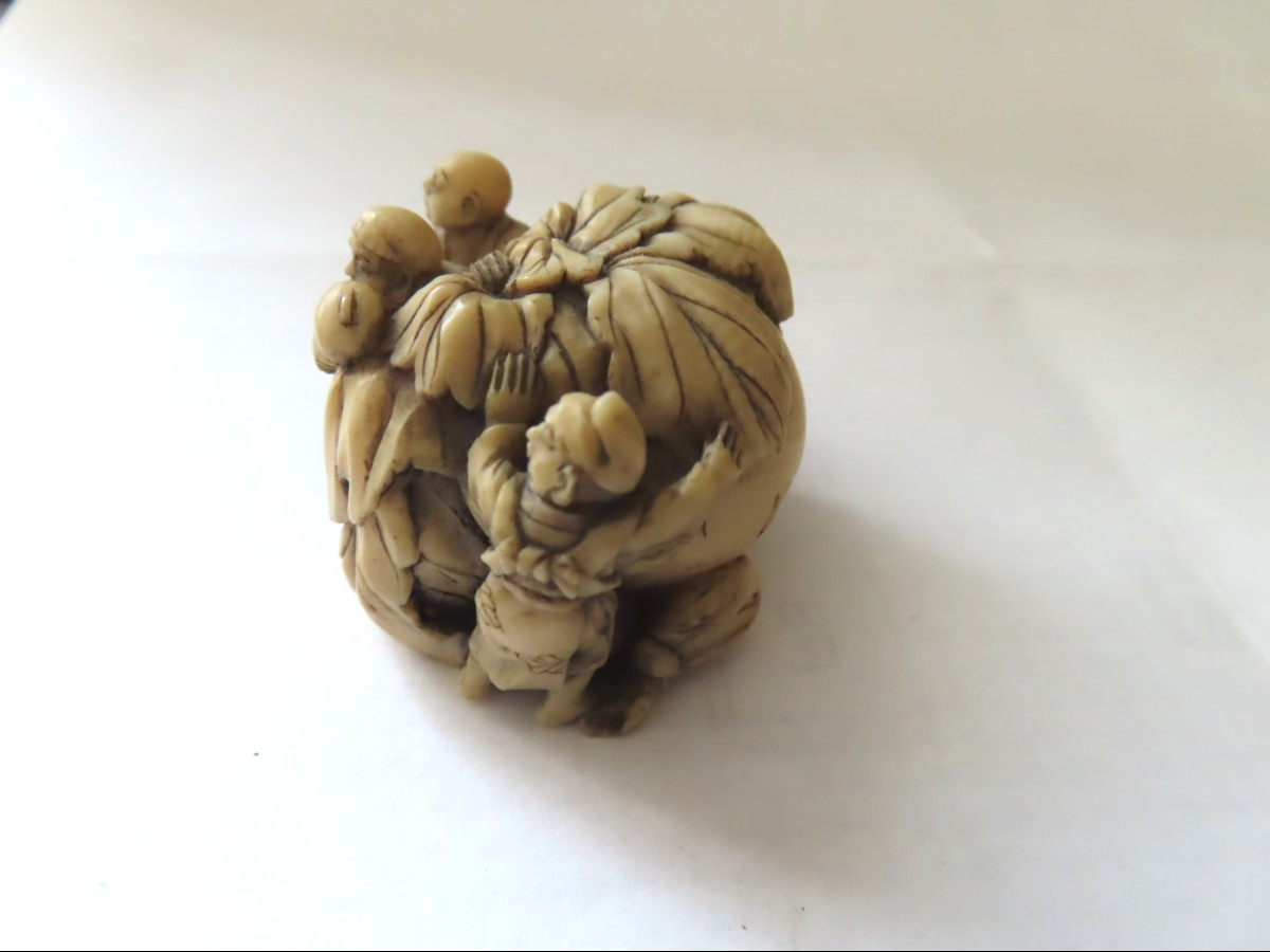 Netsuke en ivoire. Les  petits hommes au kaki. Japon époque Meiji (1868-1912 )-photo-2