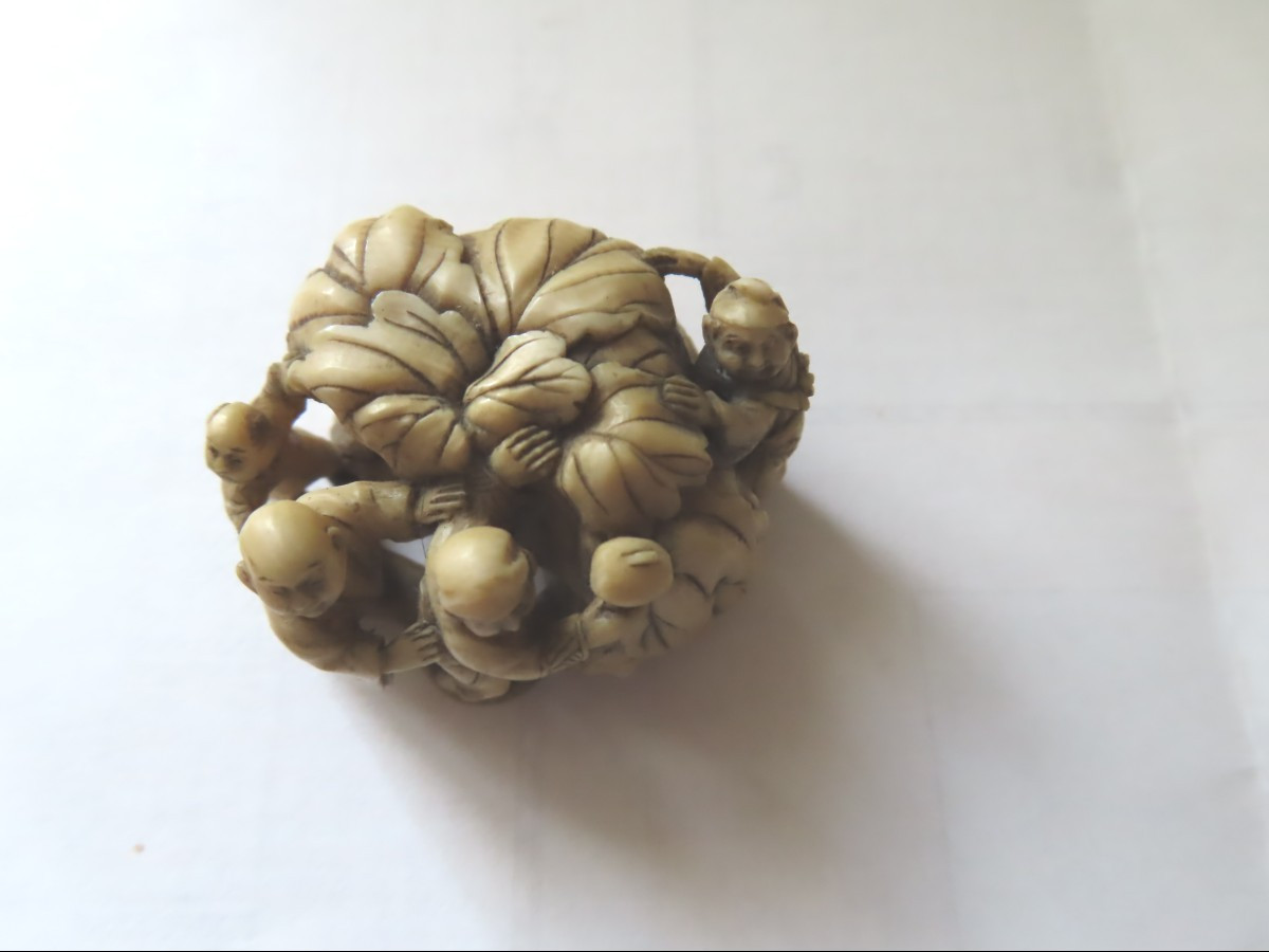 Netsuke en ivoire. Les  petits hommes au kaki. Japon époque Meiji (1868-1912 )-photo-2