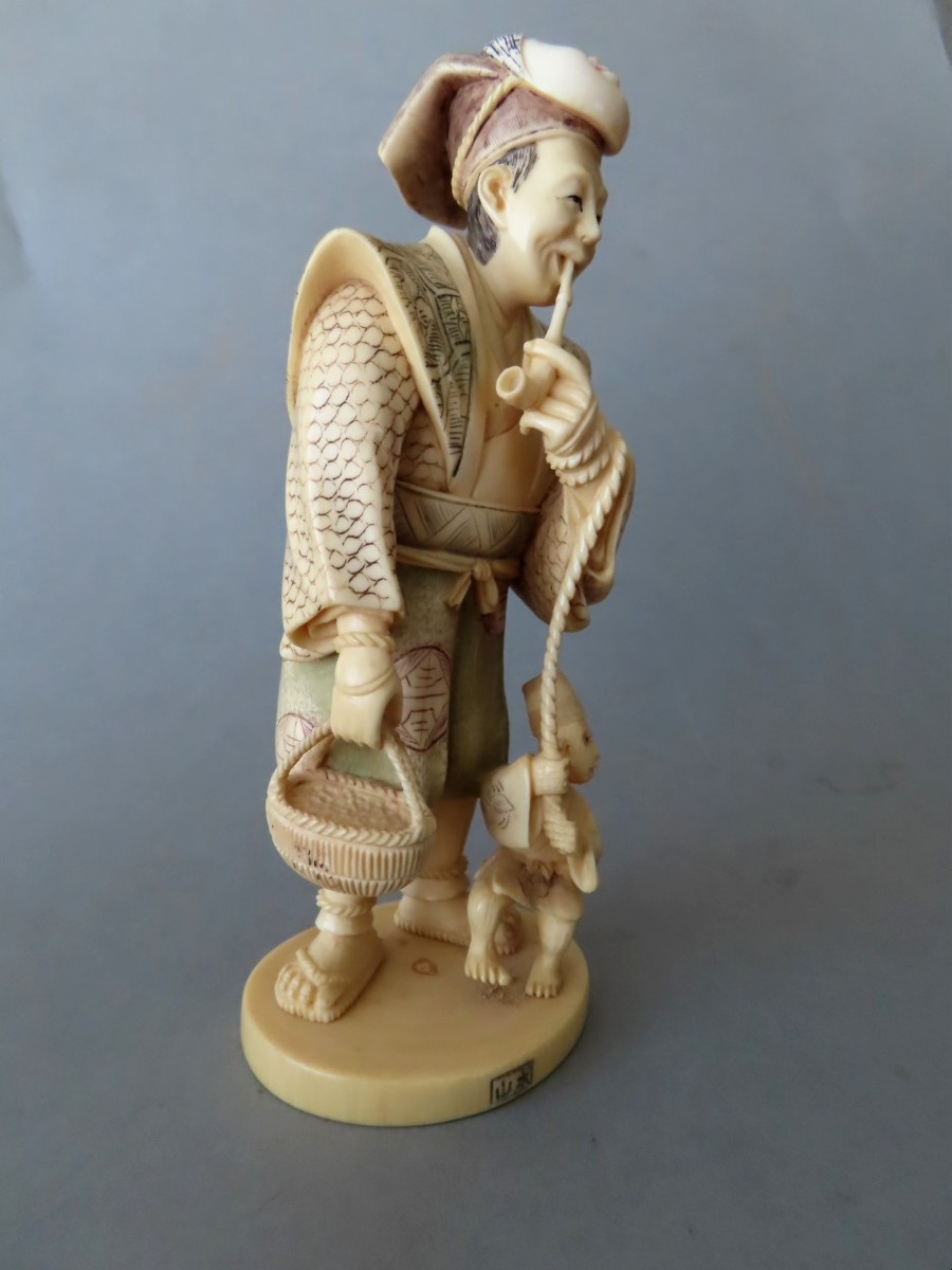 Ivory Okimono. Samurawashi And His Monkey. Japan Taisho Period (1912-1928 )-photo-2