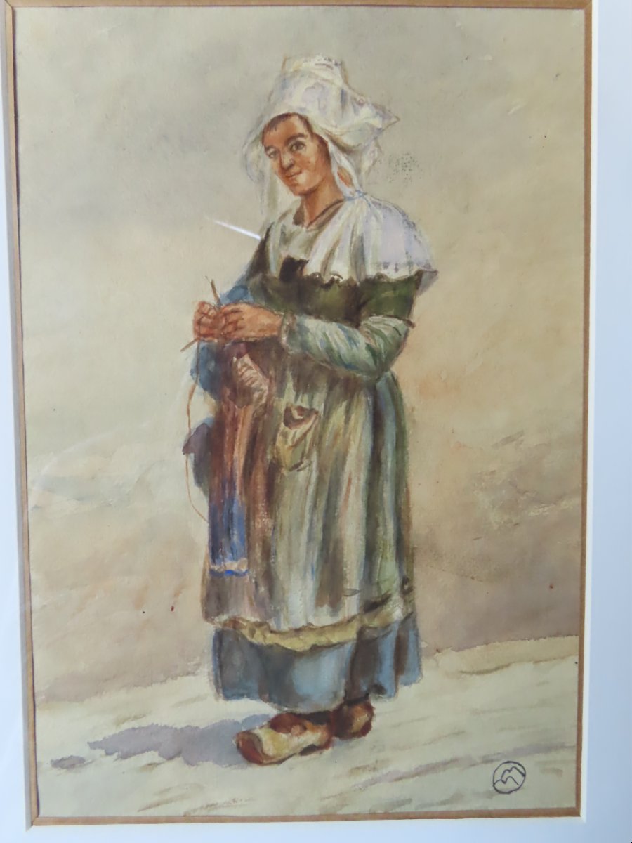 Fermière bretonne tricotant. Aquarelle monogramme MM.-photo-2