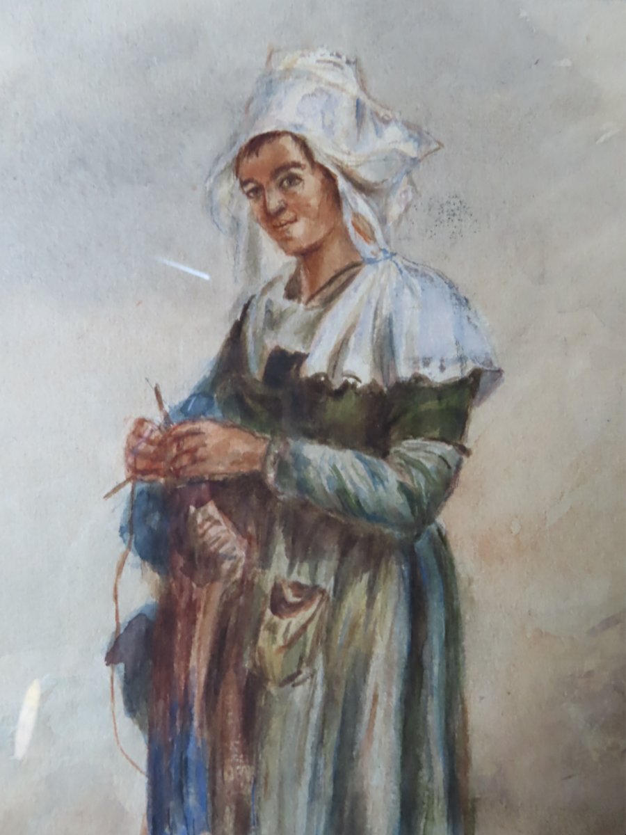 Fermière bretonne tricotant. Aquarelle monogramme MM.-photo-3