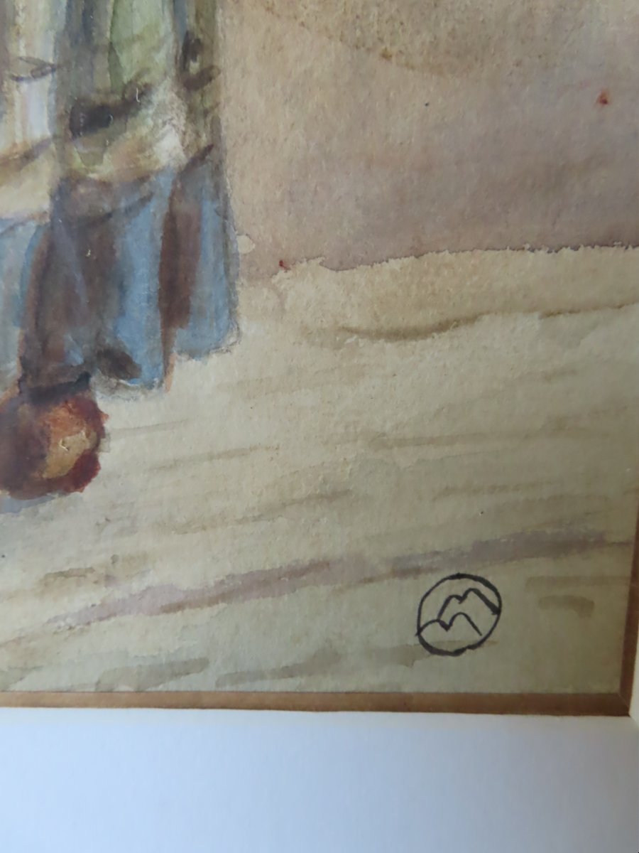 Fermière bretonne tricotant. Aquarelle monogramme MM.-photo-1