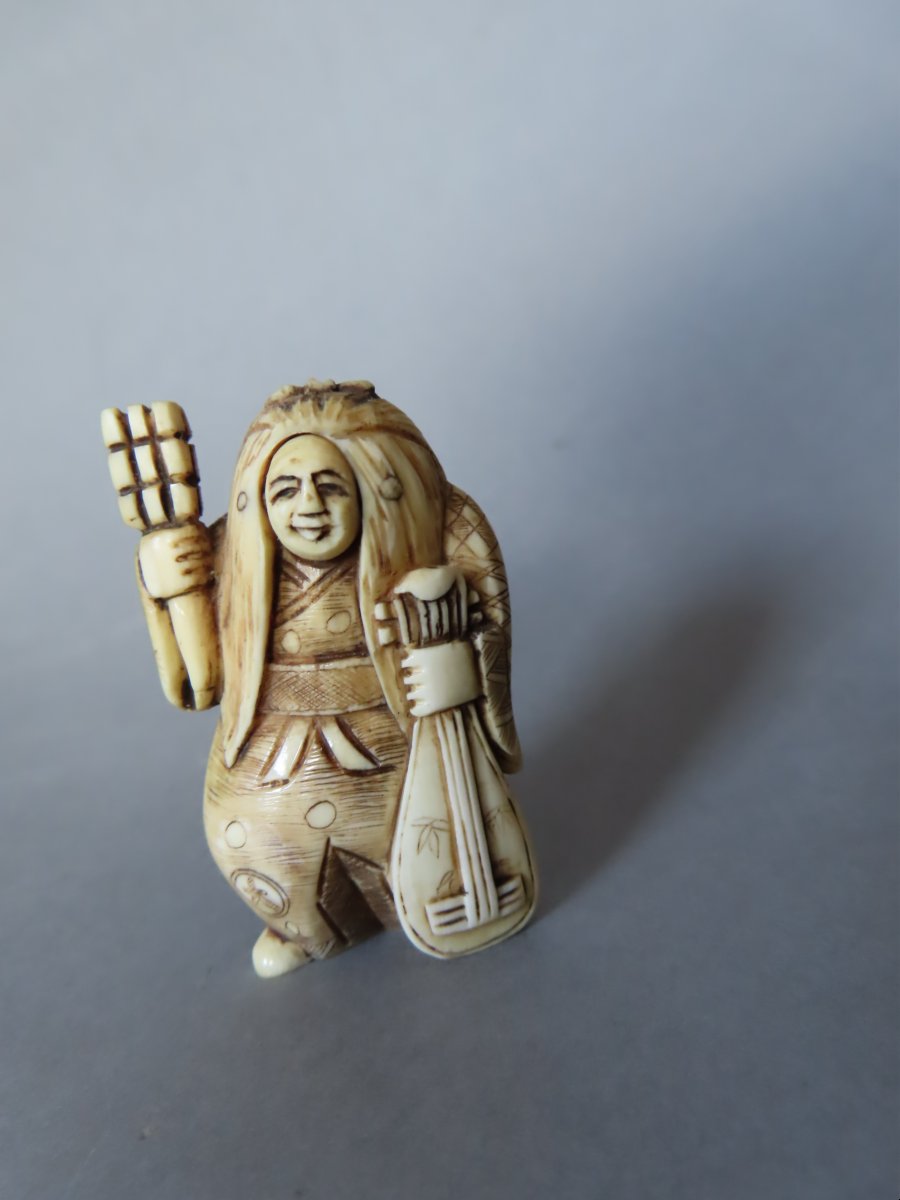 Ivory Netsuke. The Hannya Witch As A Musician. Signed Mitsuyuki. Meiji Period, Japan (1868–1912)