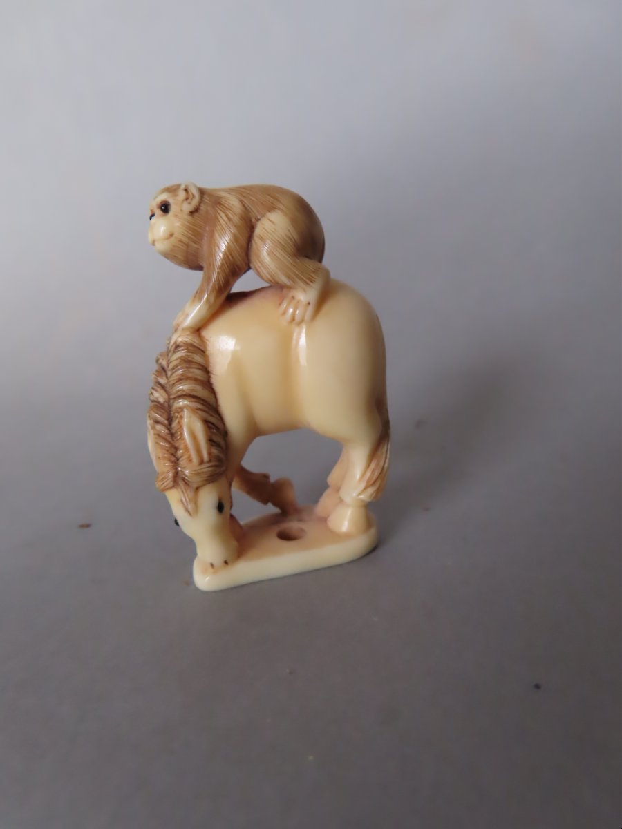 Ivory Netsuke. Monkey On A Horse. Japan, Taisho Period (1912–1928)