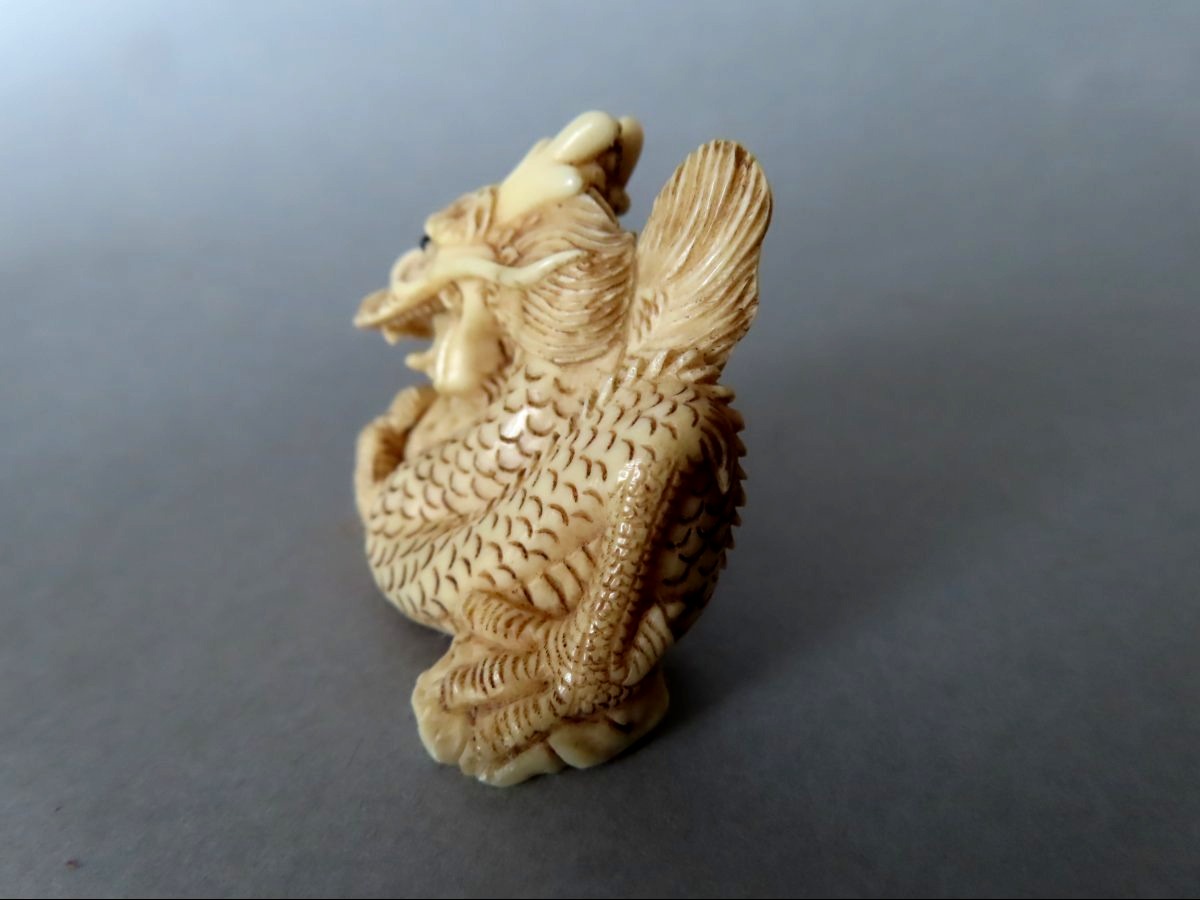 Netsuke  en ivoire. Dragon. Signé Tomotada, école de Kyoto. Japon époque Meiji (1868-1912 )-photo-4