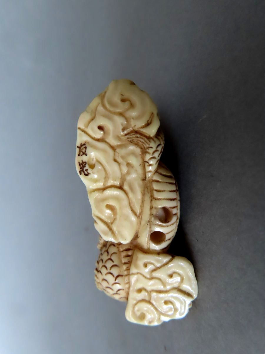 Netsuke  en ivoire. Dragon. Signé Tomotada, école de Kyoto. Japon époque Meiji (1868-1912 )-photo-1