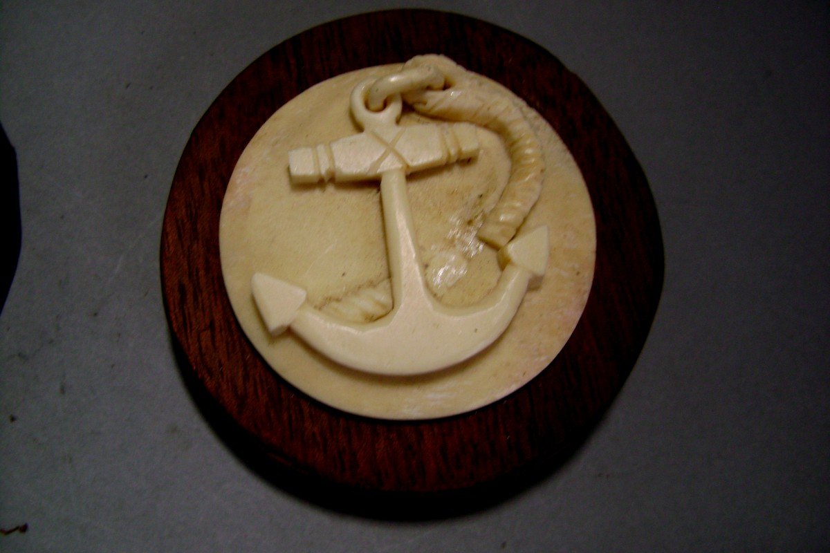 Two Scrimshaws, Anchor And Compass Rose. Early XXth.-photo-3