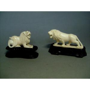 Ivory Okimono. Couple Of Lions. China 1920_30