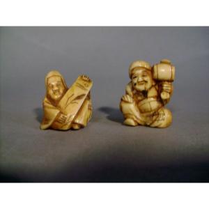 Deux Netsuke en ivoire. Daikoku et Fukurokuju. Japon époque Meiji (1868-1912 )