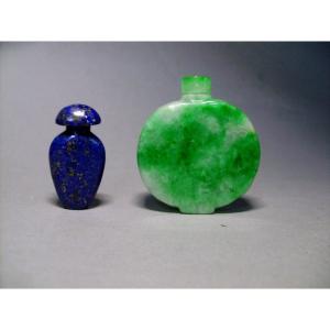 Deux Tabaières. L'une en jadéite l'autre en lapis lazuli. . Chine Début XXème