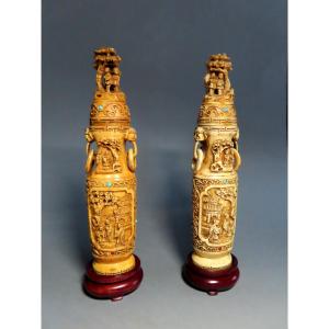 Pair Of Ivory Covered Vases. China, Canton, 1920-30.