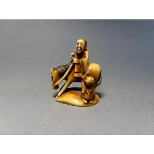 Netsuke en ivoire. La légende de Choryo et Kosekiko.  Signé Yukimasa, Japon époque Meiji 