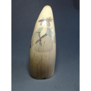 Sperm Whale Tooth Scrimshaw. Whaler's Sailor. 19th Century.