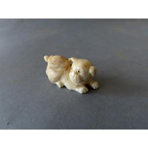 Netsuke en ivoire marin. Le chiot et la tortue. Japon époque Meiji (1868-1912 )