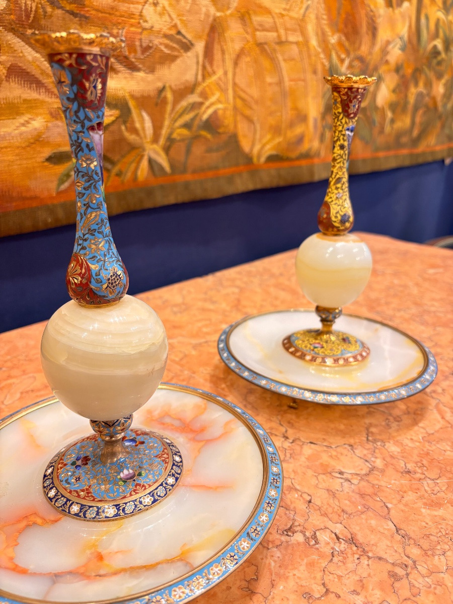 Paire de bougeoirs de table cloisonnés XIXe-photo-2