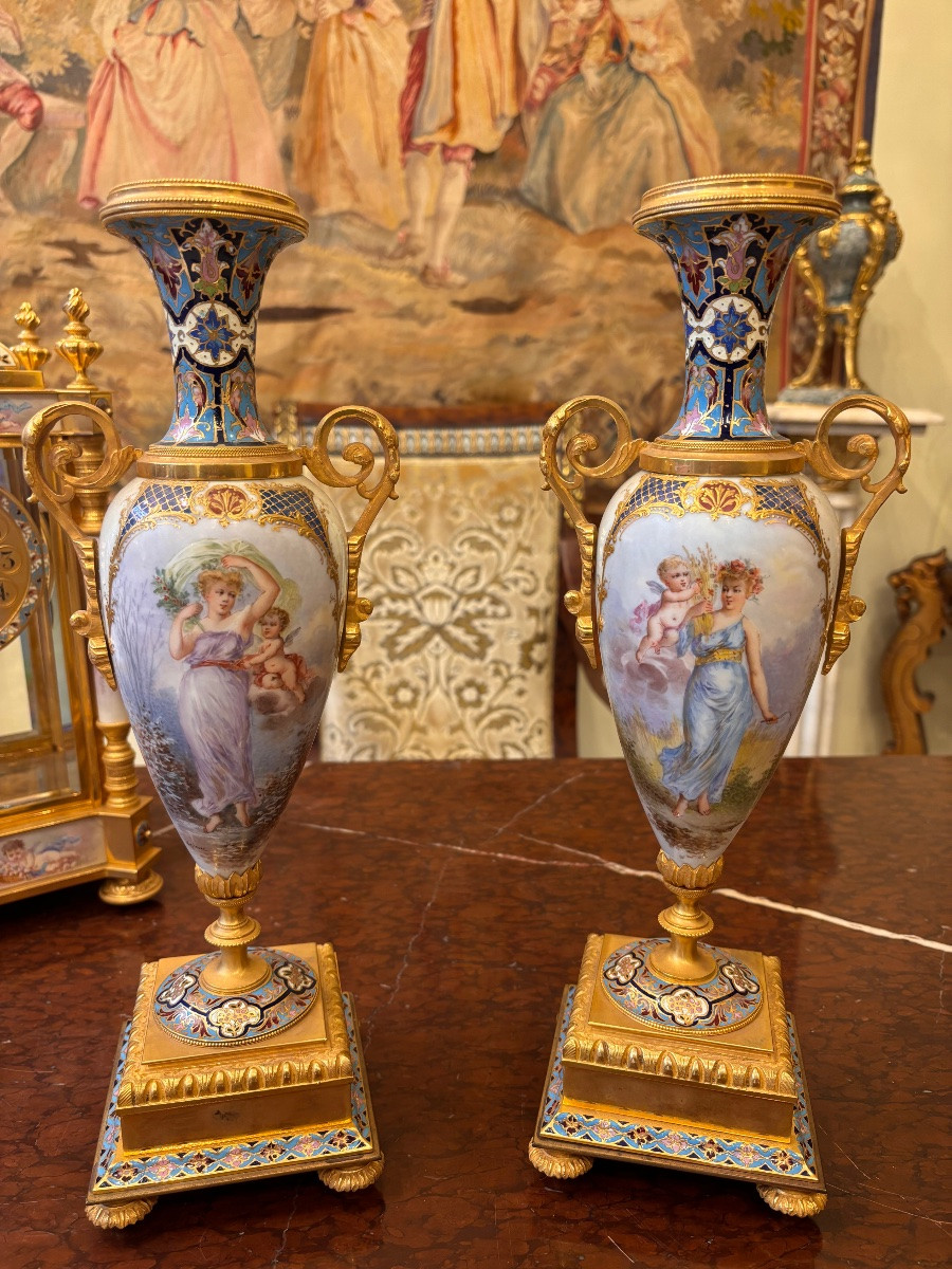 Louis XVI Mantelpiece Set, Painted Porcelain Signed Lefranc, Cloisonné Bronze-photo-1