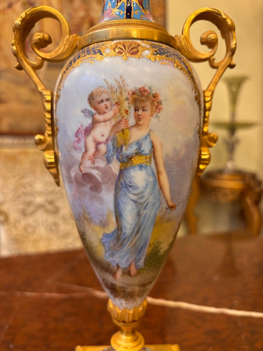 Louis XVI Mantelpiece Set, Painted Porcelain Signed Lefranc, Cloisonné Bronze-photo-2