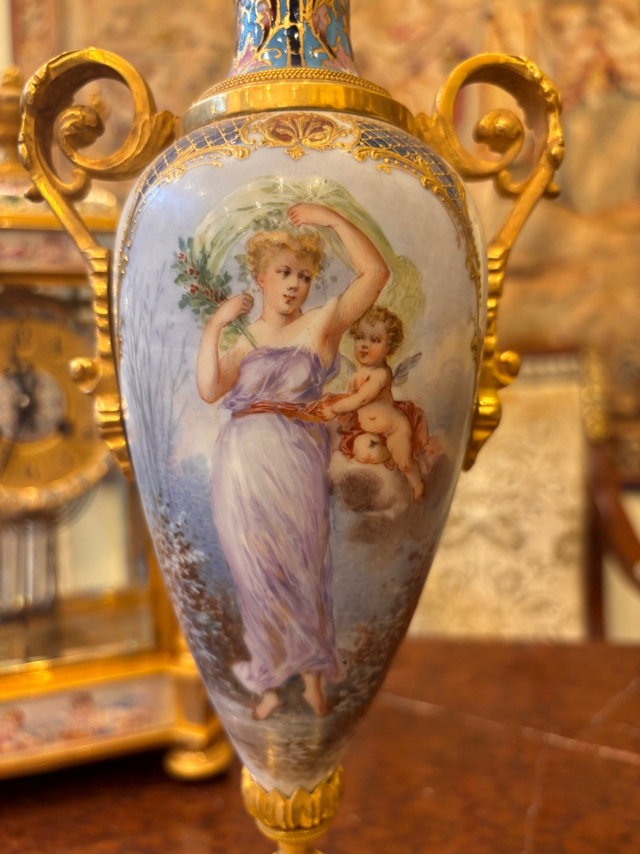 Louis XVI Mantelpiece Set, Painted Porcelain Signed Lefranc, Cloisonné Bronze-photo-3