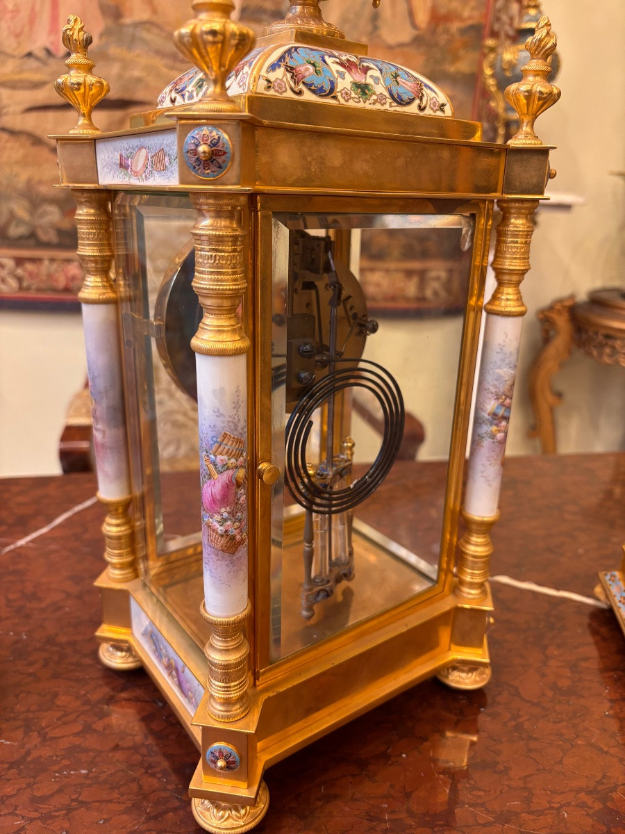 Louis XVI Mantelpiece Set, Painted Porcelain Signed Lefranc, Cloisonné Bronze-photo-5