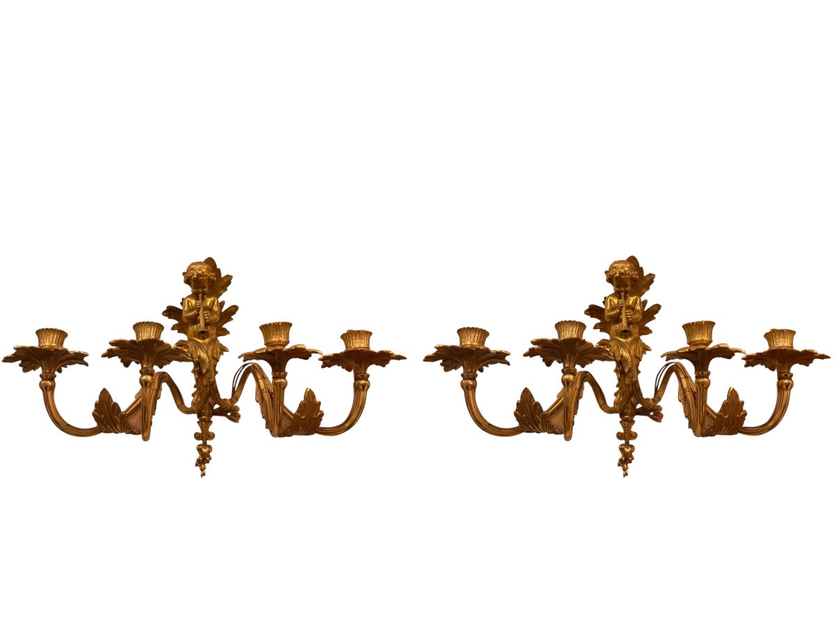 Paire d’appliques en bronze doré, angelots musiciens – XIXᵉ siècle-photo-2