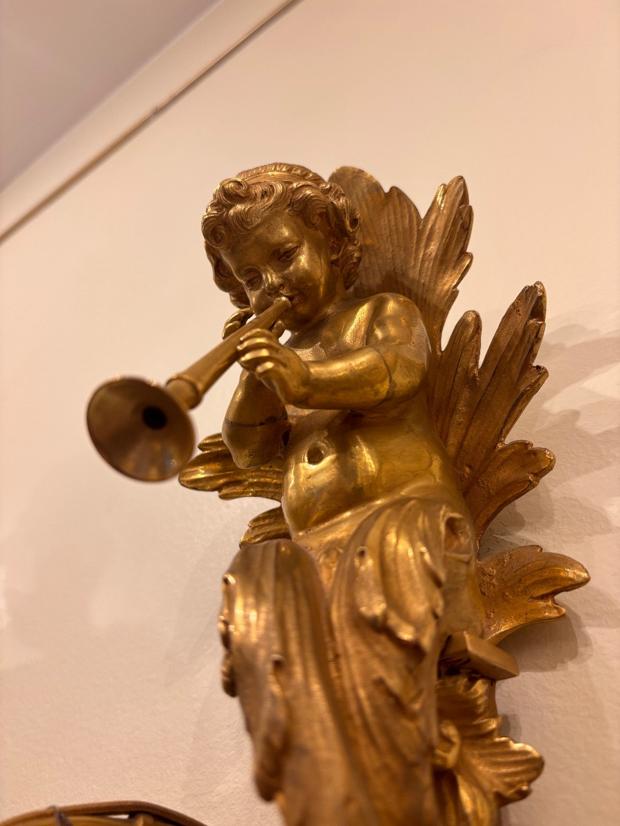 Paire d’appliques en bronze doré, angelots musiciens – XIXᵉ siècle-photo-4