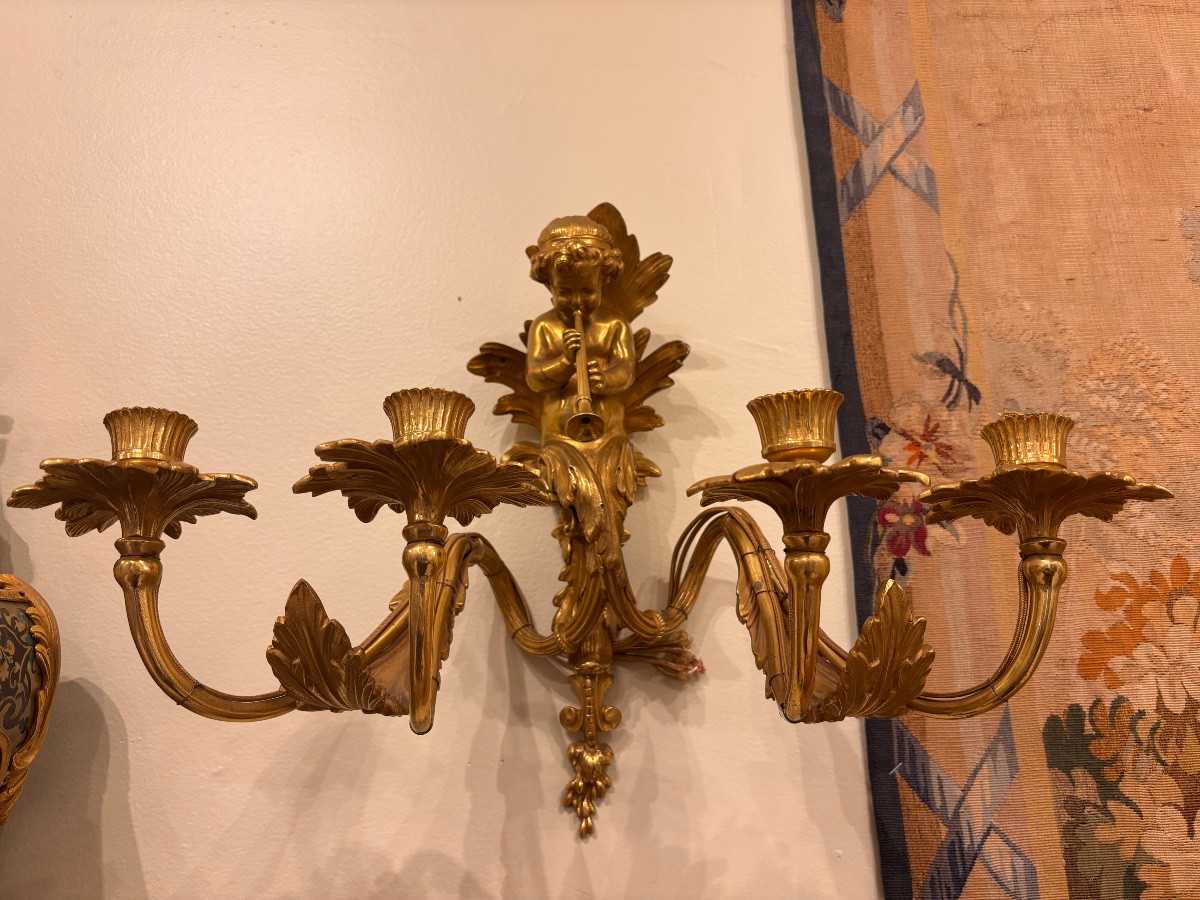 Paire d’appliques en bronze doré, angelots musiciens – XIXᵉ siècle-photo-3