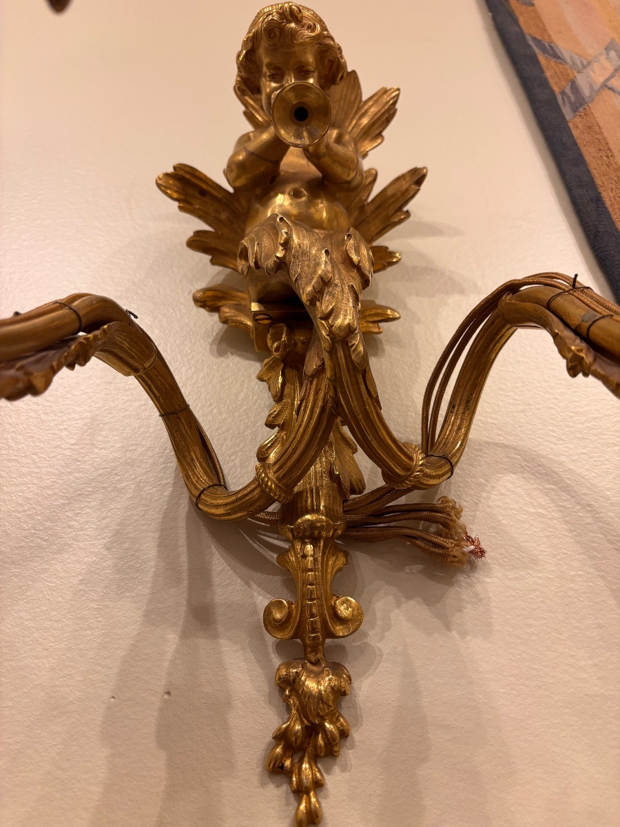 Paire d’appliques en bronze doré, angelots musiciens – XIXᵉ siècle-photo-5