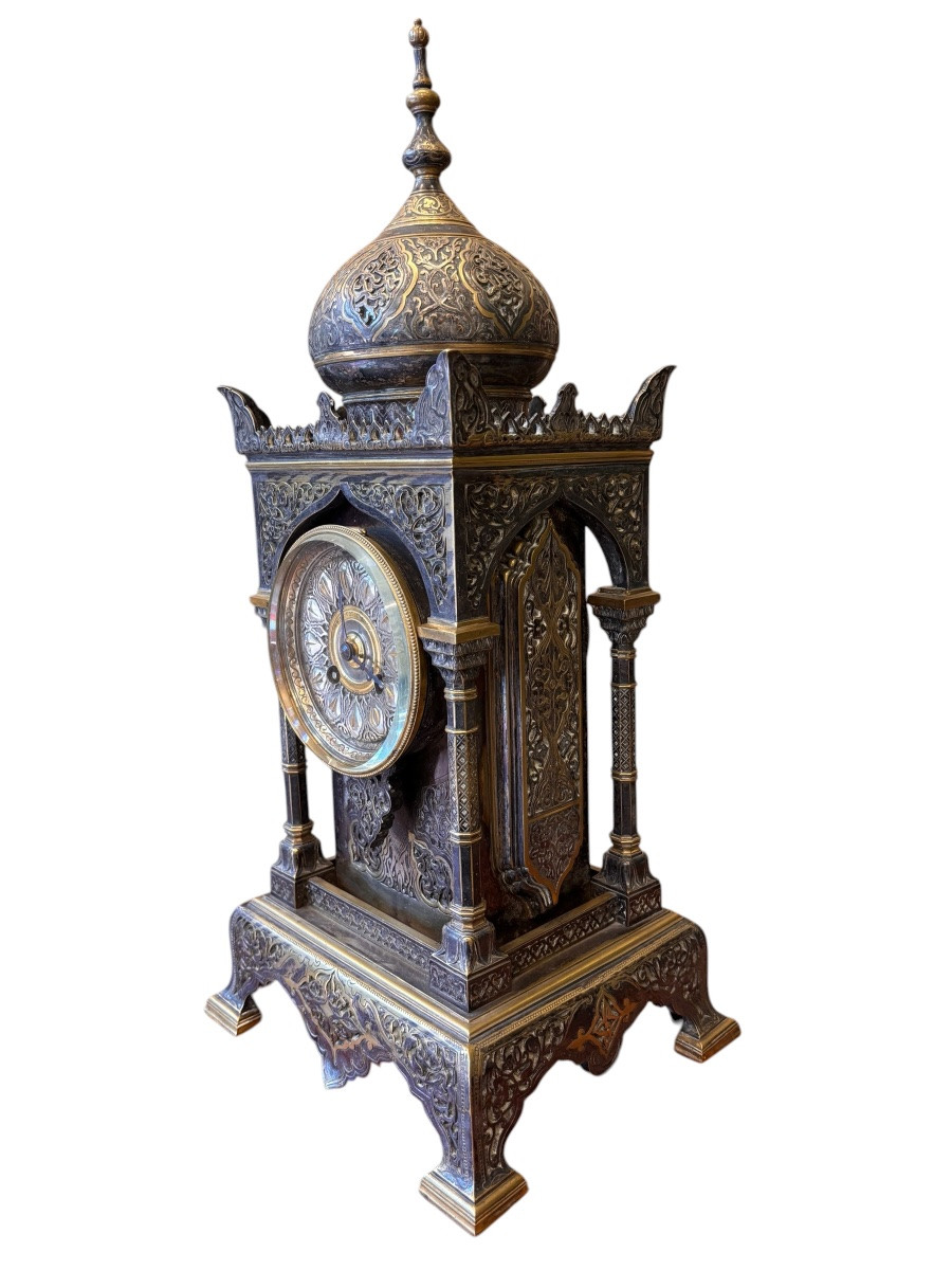 XIXe Siècle - Orientalist Clock In Patinated Bronze, Moorish Decor, Japy Frères Movement-photo-2