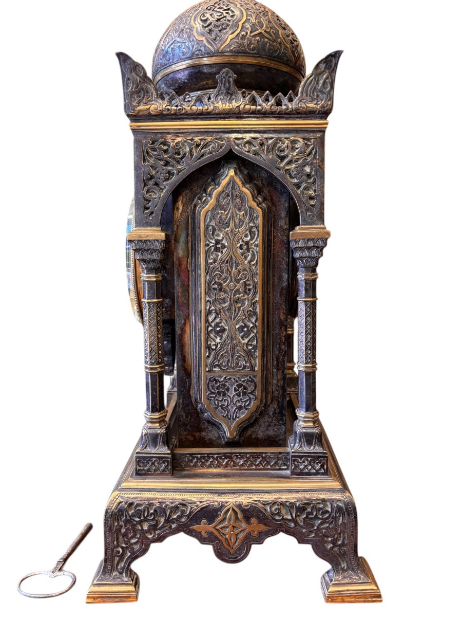 XIXe Siècle - Orientalist Clock In Patinated Bronze, Moorish Decor, Japy Frères Movement-photo-3