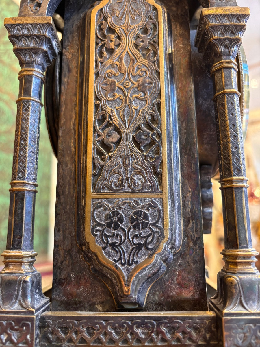 XIXe Siècle - Orientalist Clock In Patinated Bronze, Moorish Decor, Japy Frères Movement-photo-2