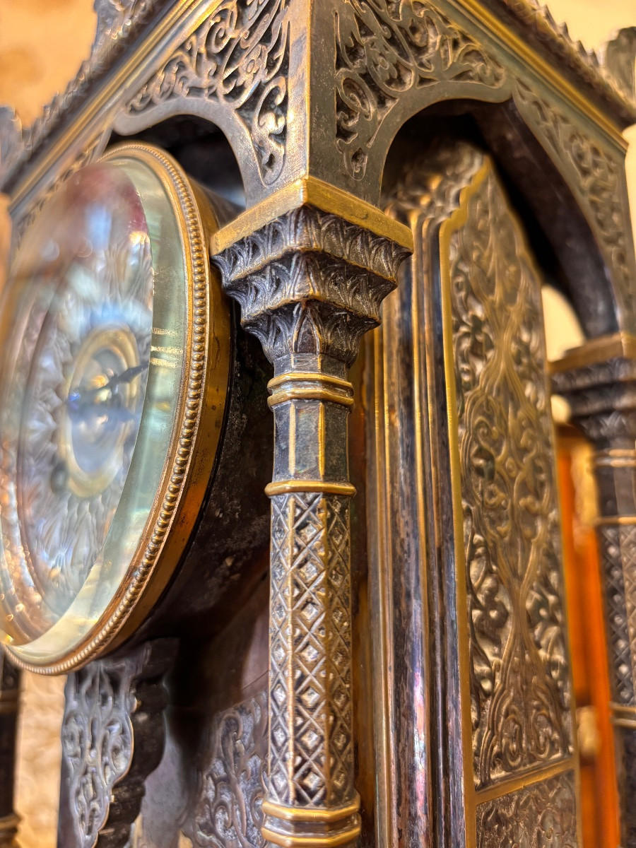 XIXe Siècle - Orientalist Clock In Patinated Bronze, Moorish Decor, Japy Frères Movement-photo-3