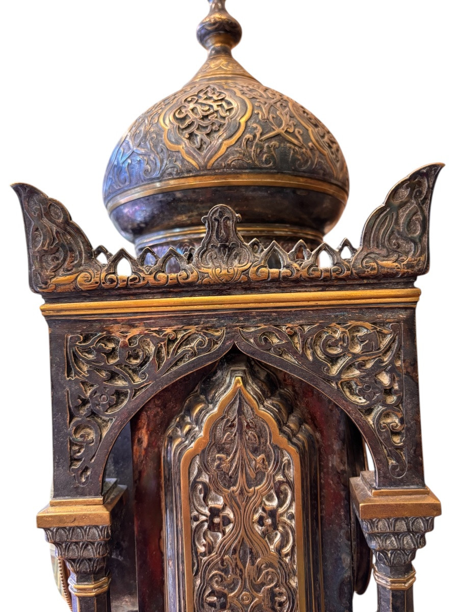 XIXe Siècle - Orientalist Clock In Patinated Bronze, Moorish Decor, Japy Frères Movement-photo-5