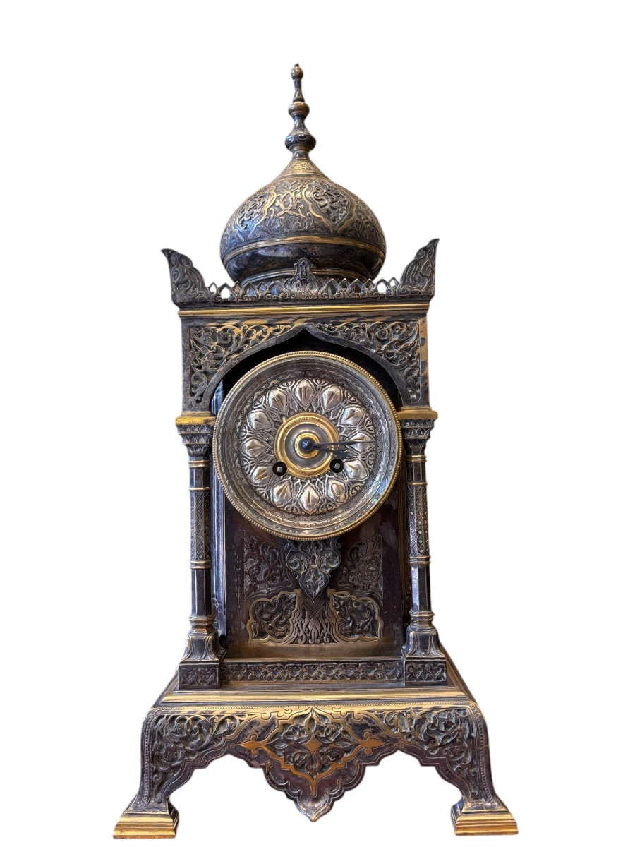 XIXe Siècle - Orientalist Clock In Patinated Bronze, Moorish Decor, Japy Frères Movement