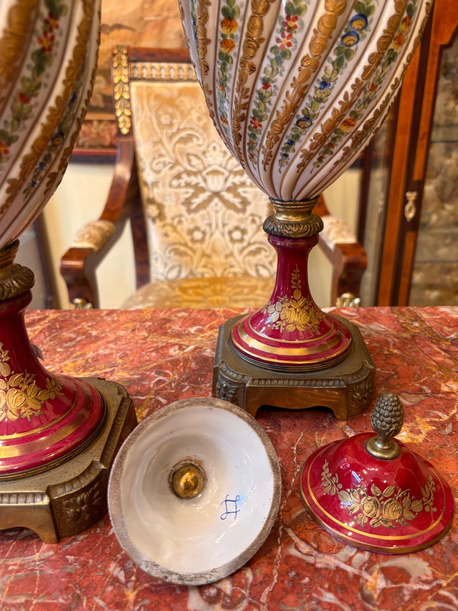 19th Century In The Sèvres Style Pair Of Covered Porcelain Vases, Gilt Bronze Mounting-photo-4
