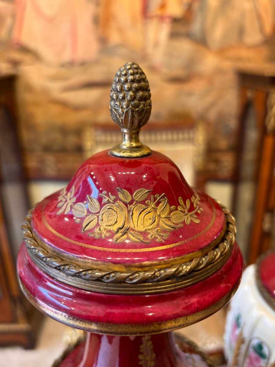 19th Century In The Sèvres Style Pair Of Covered Porcelain Vases, Gilt Bronze Mounting-photo-2