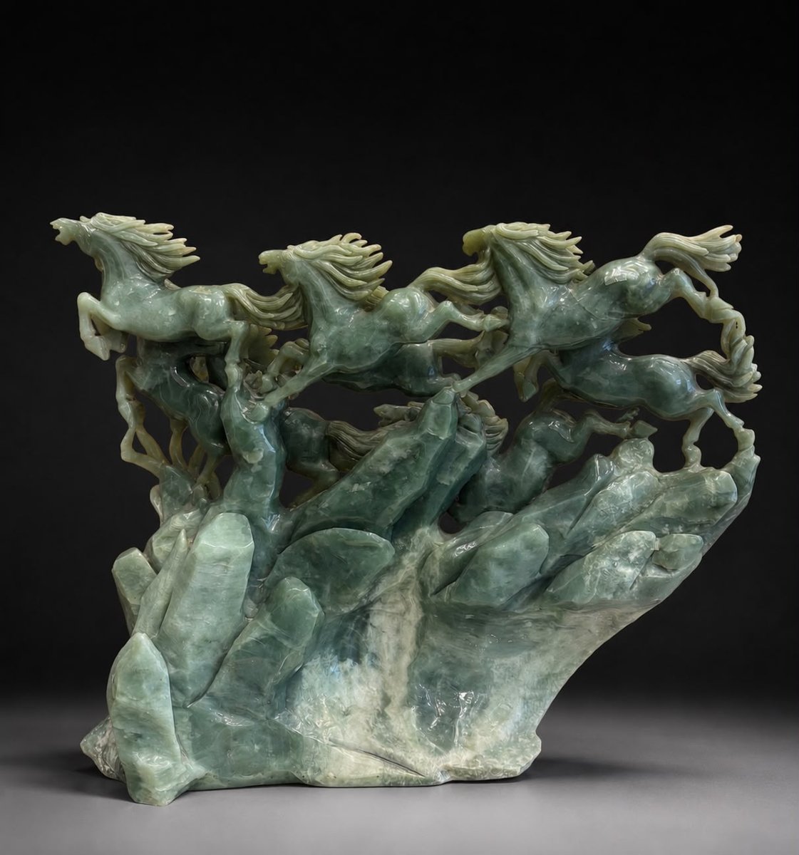 Large Chinese Green Jade Sculpture Depicting Eight Galloping Horses-photo-2