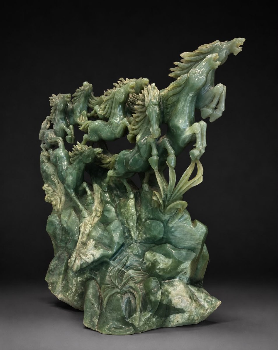 Large Chinese Green Jade Sculpture Depicting Eight Galloping Horses-photo-3