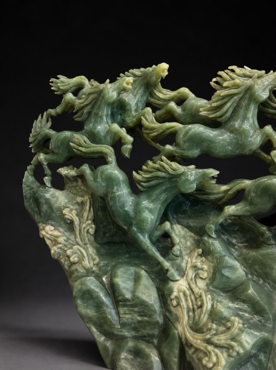 Large Chinese Green Jade Sculpture Depicting Eight Galloping Horses-photo-4