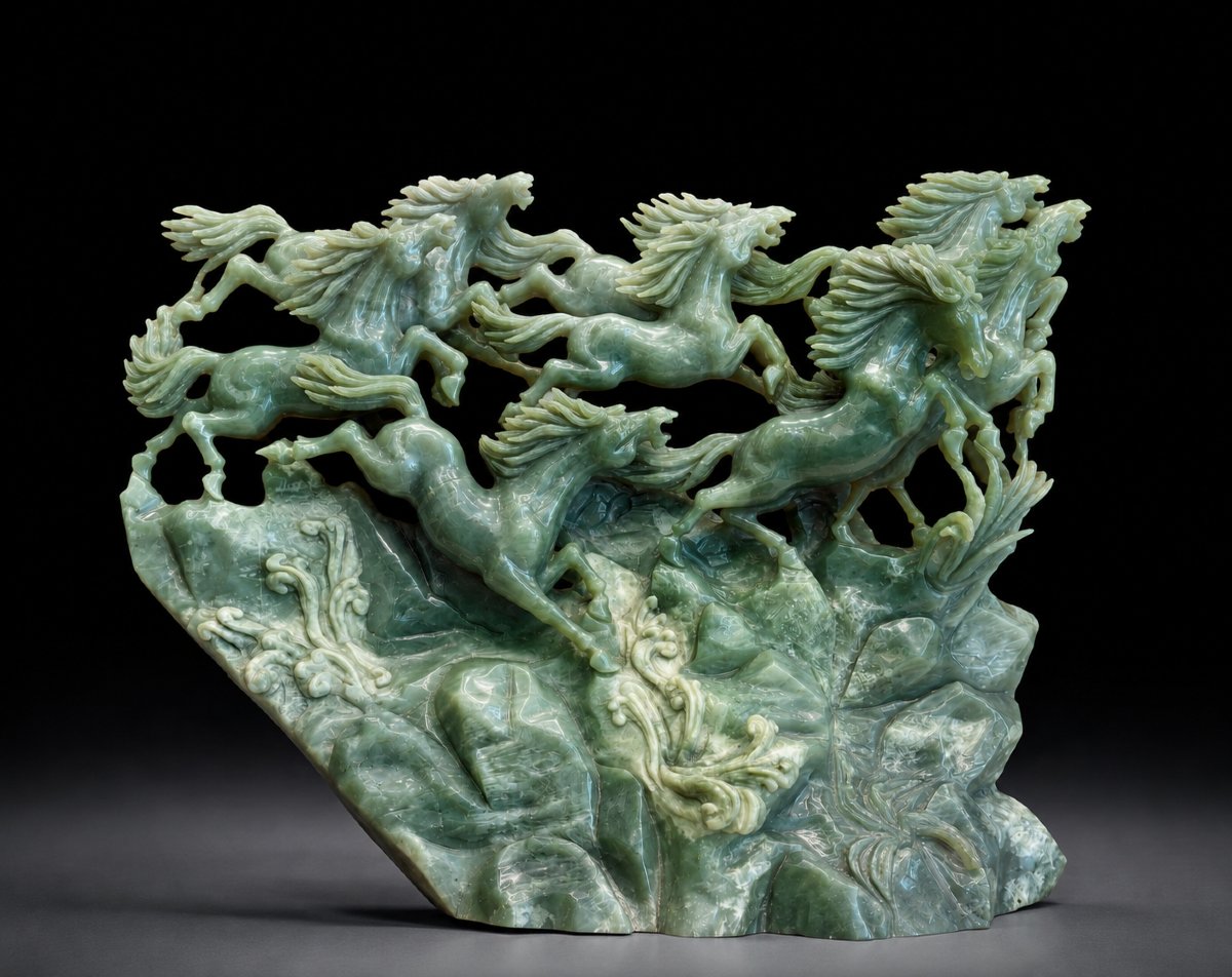 Large Chinese Green Jade Sculpture Depicting Eight Galloping Horses