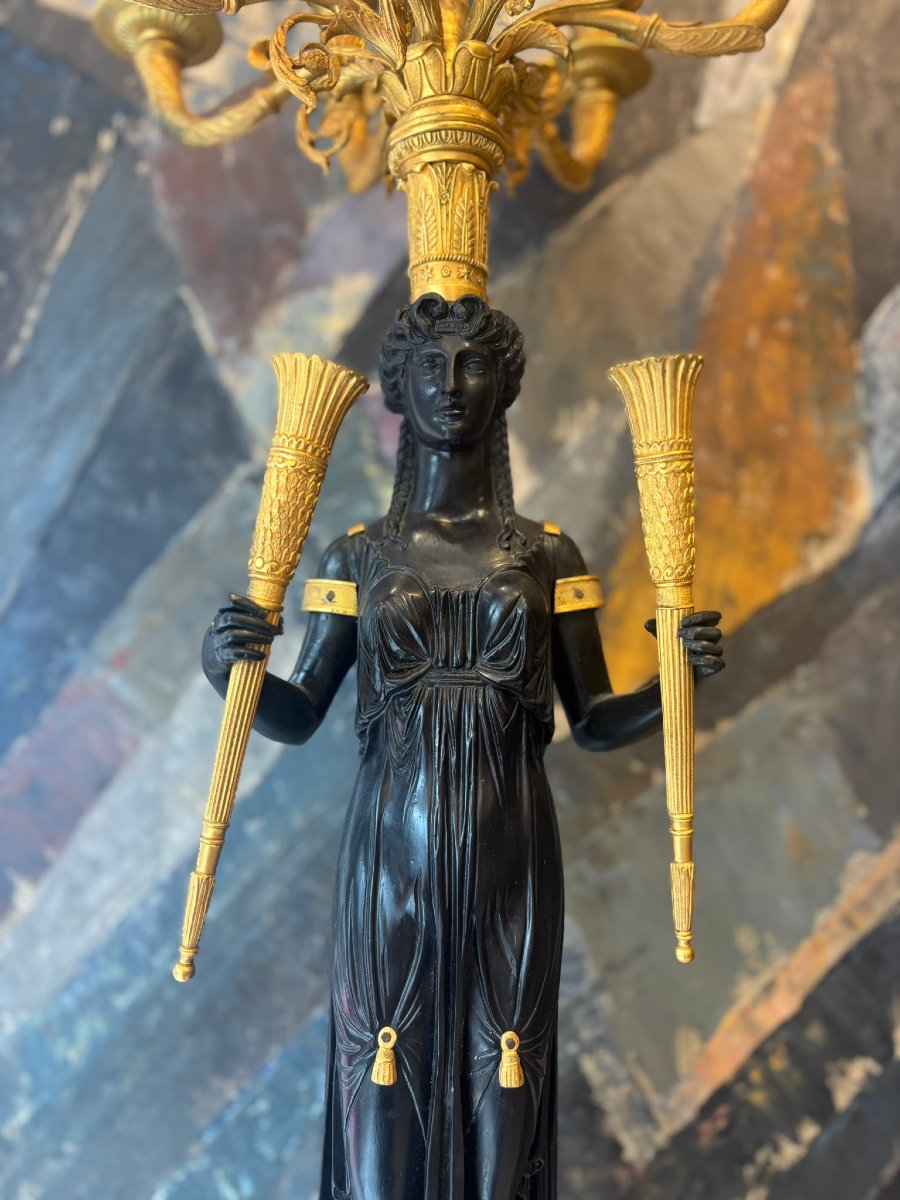 Pair Of Large Empire Patinated And Gilt Bronze Candelabra-photo-3