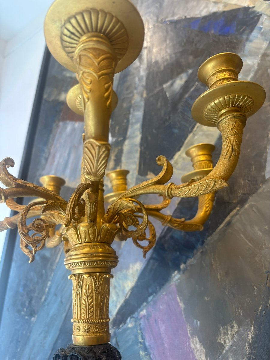 Pair Of Large Empire Patinated And Gilt Bronze Candelabra-photo-5