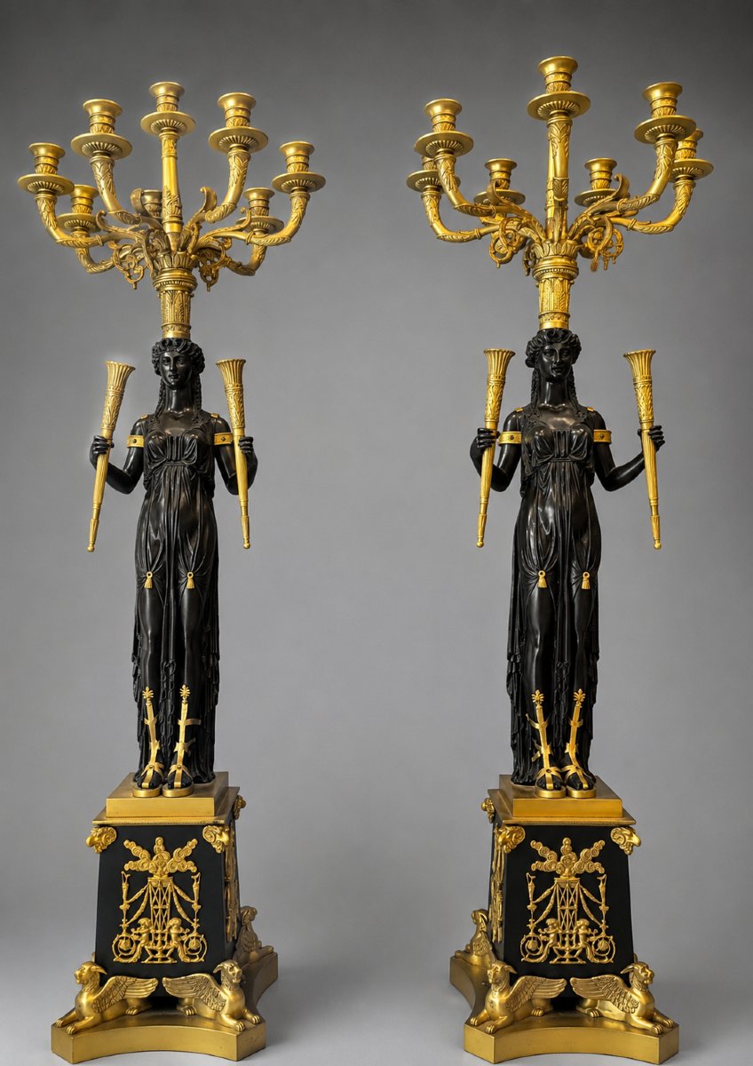 Pair Of Large Empire Patinated And Gilt Bronze Candelabra