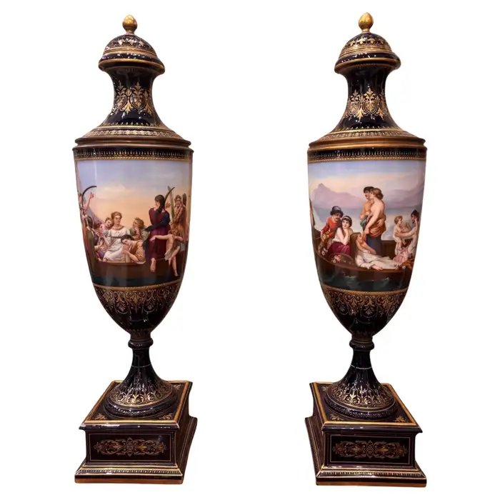 Pair Of Large Vienna Porcelain Covered Vases, 19th Century