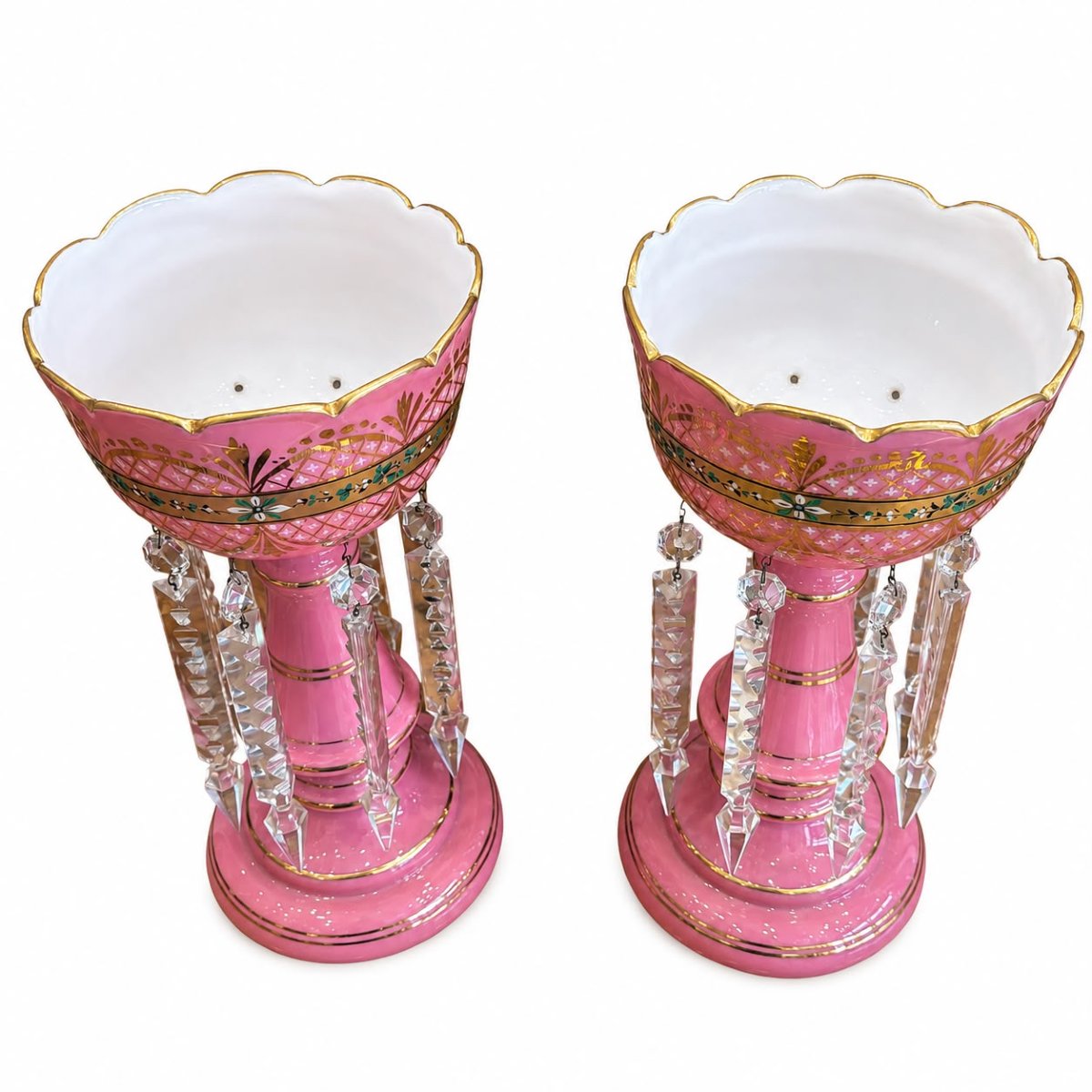 Paire de porte-ananas en opaline rose à pendeloques, XIXᵉ siècle-photo-2