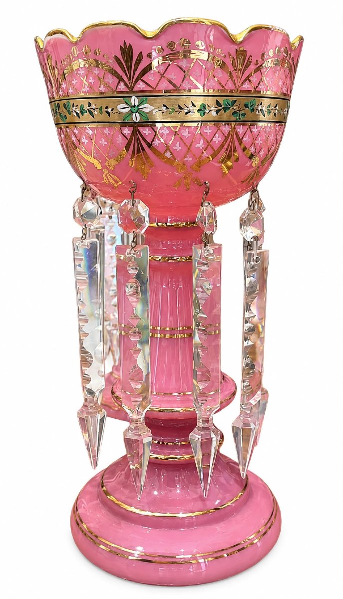 Paire de porte-ananas en opaline rose à pendeloques, XIXᵉ siècle-photo-3